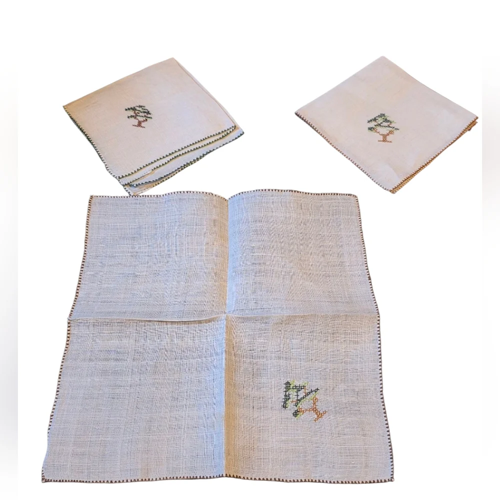 Vintage Handmade Linen Mission Work Tree Image Cocktail Napkins Set Of 3